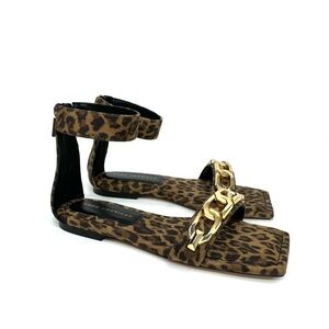 Good American Pale Leopard Sandals W/ Ankle Strap Gold Chain & Dust Bag Nwt Nib